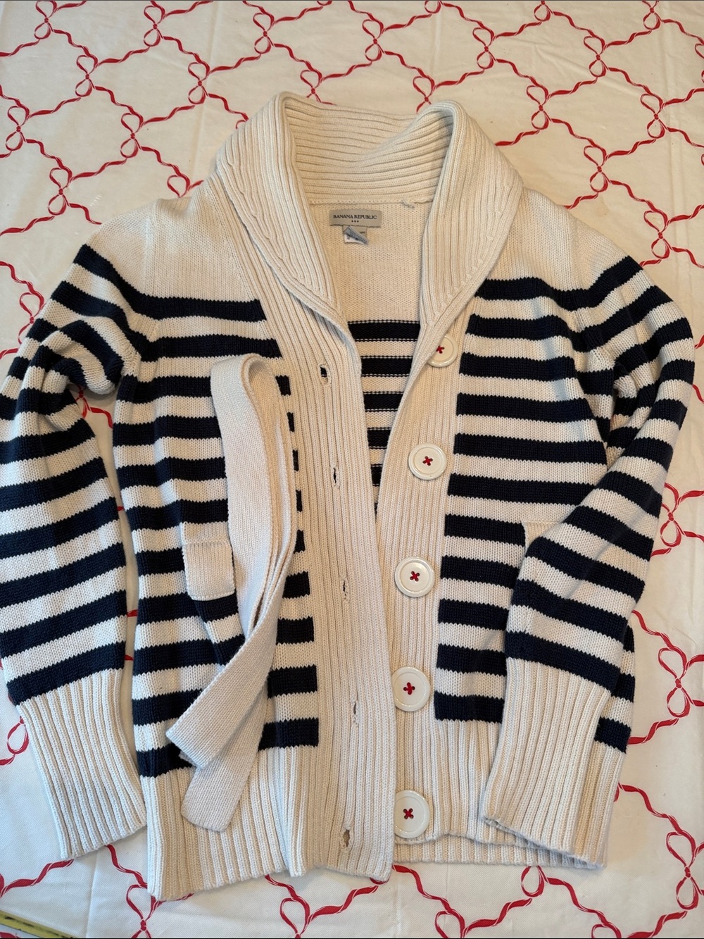 Banana Republic Cream & Navy Striped Shawl-Collar Cardigan